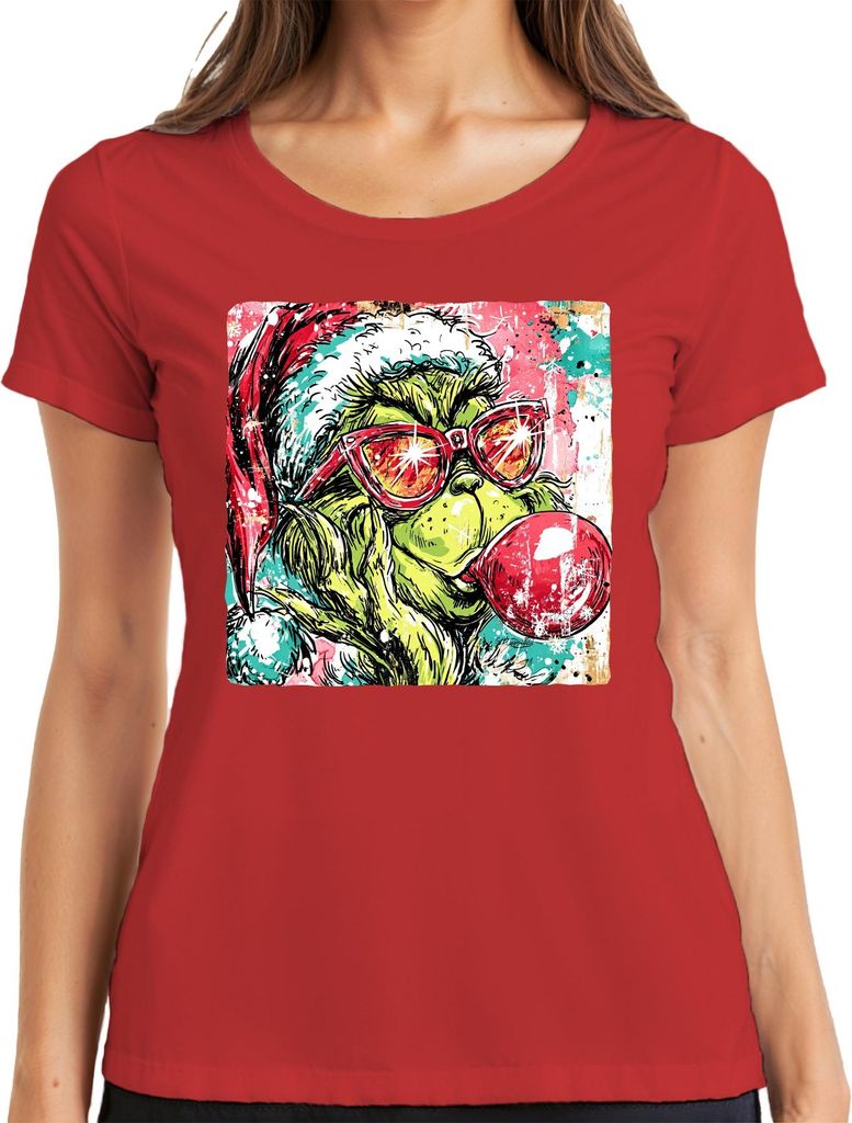Grinch Weihnachten Santa Hat Sonnenbrille Kaugummi Pop Art Kpop Damen T-Shirt, Rot, XL