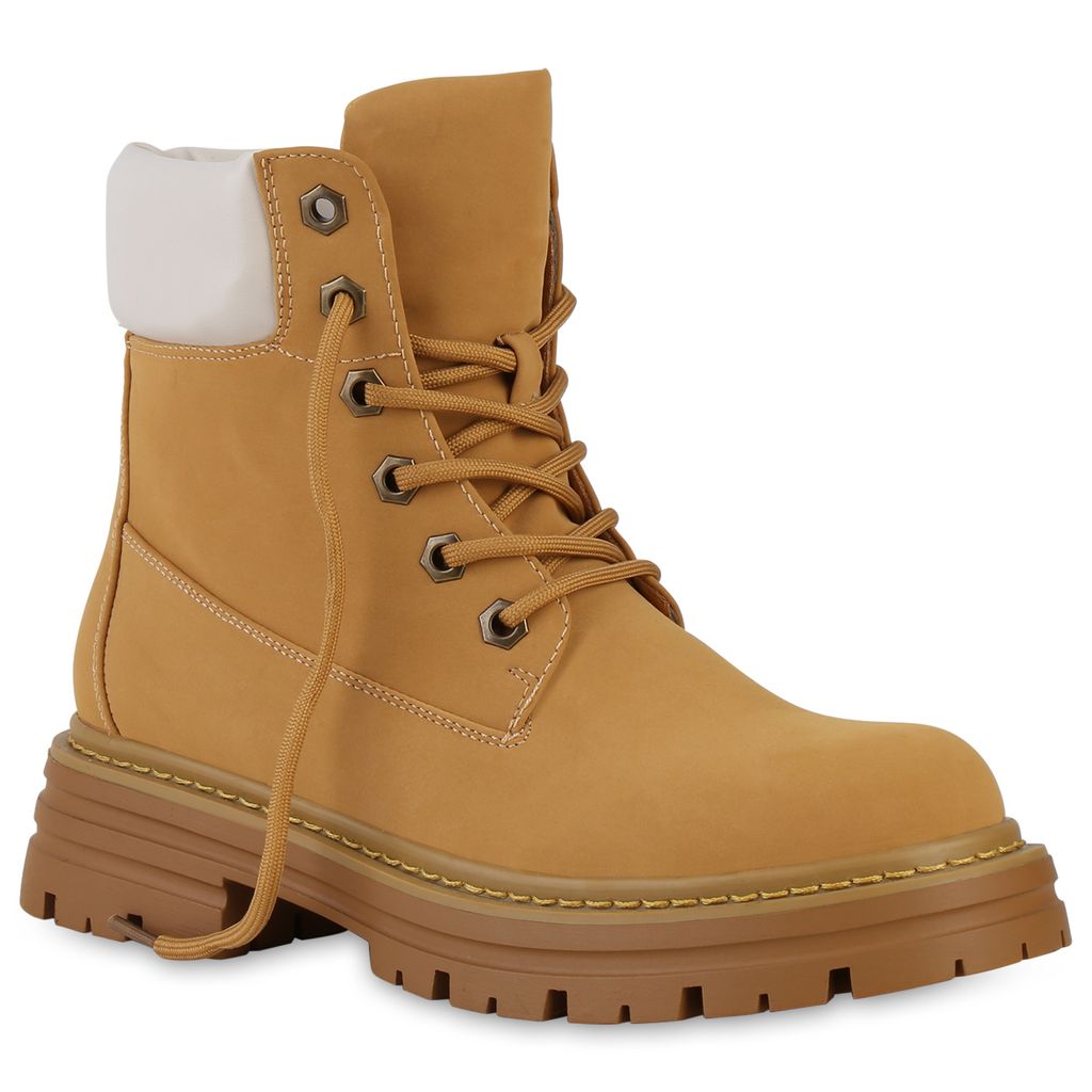 VAN HILL Damen Worker Boots Plateau Vorne Bequeme Outdoor Plateau-Schuhe 840542, Farbe: Hellbraun, Größe: 36