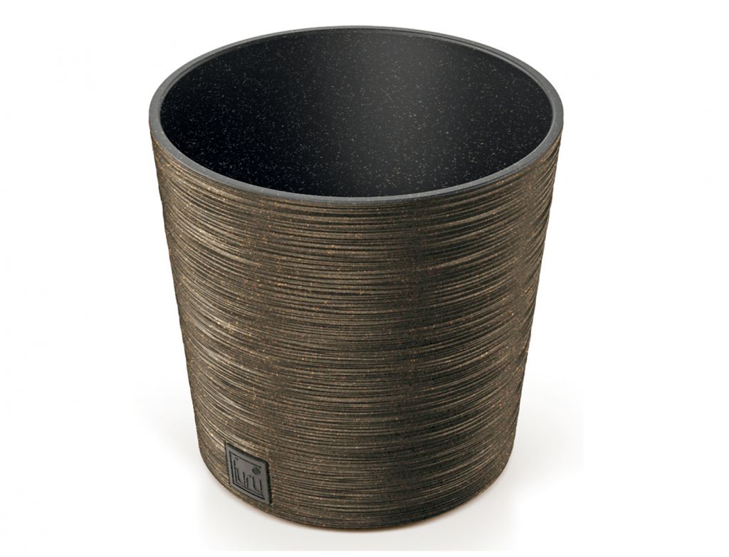 A close-up studio shot of a round planter pot with a textured wood-like finish.