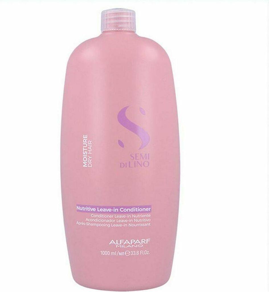 A pink bottle of Alfaparf Milano Semi Di Lino Moisture Nutritive Leave-In Conditioner against a white background.
