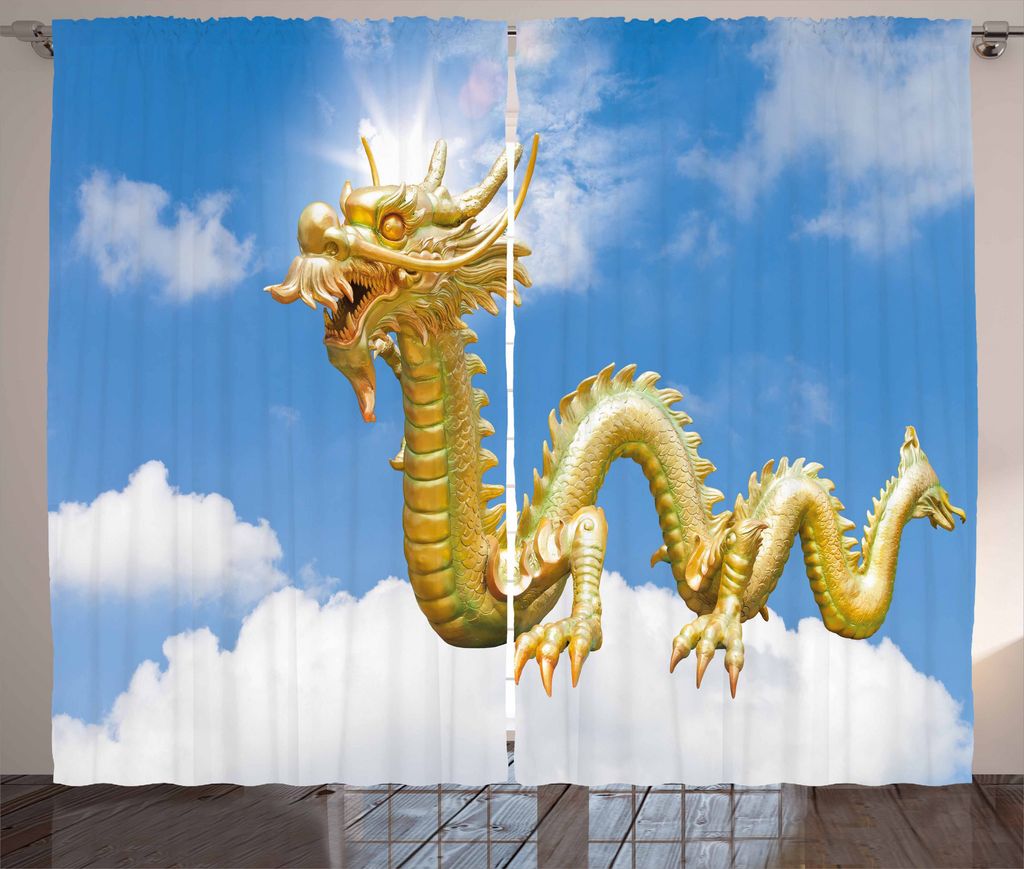 ABAKUHAUS Drachen Rustikaler Gardine, Kulturelles chinesisches Symbol, Schlafzimmer Kräuselband Vorhang mit Schlaufen und Haken, 280 x 225 cm, Meh...