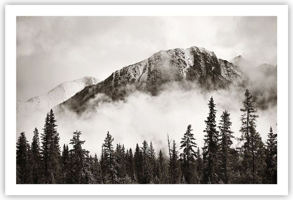 Poster - Poster ohne Rahmen - Nebel Berg Wald - 91,5x61 cm - Wand Bild - Wanddeko - Wandbilder - Kunstposter - Wandposter - Bilder - Kunstdruck - W...