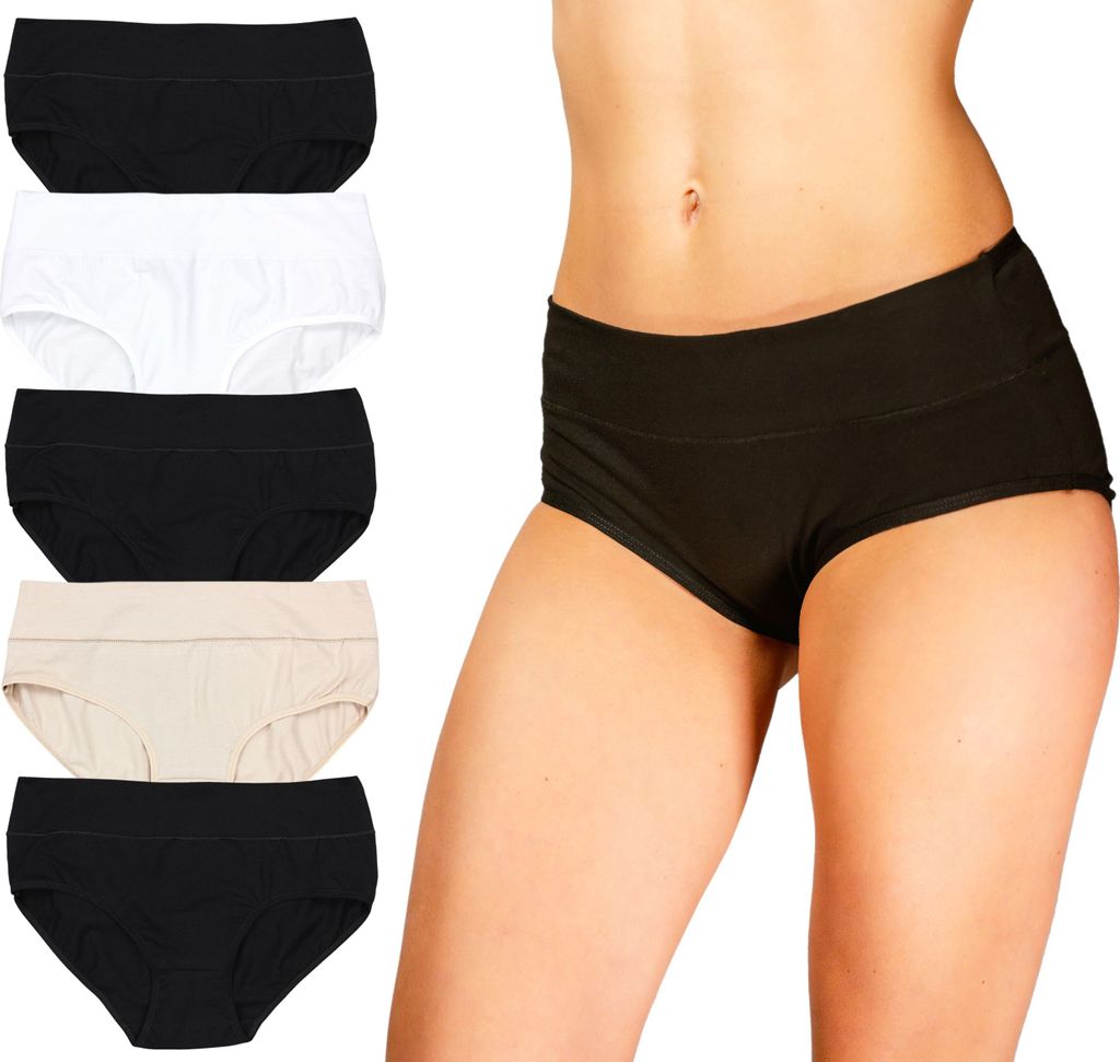 Alkato Damen Maxi Slip mit Alloverdruck 5er und 10er Pack, Farbe: 1671X-LO Taillenslip / Schwarz Weiß Beige, Größe: 6XL