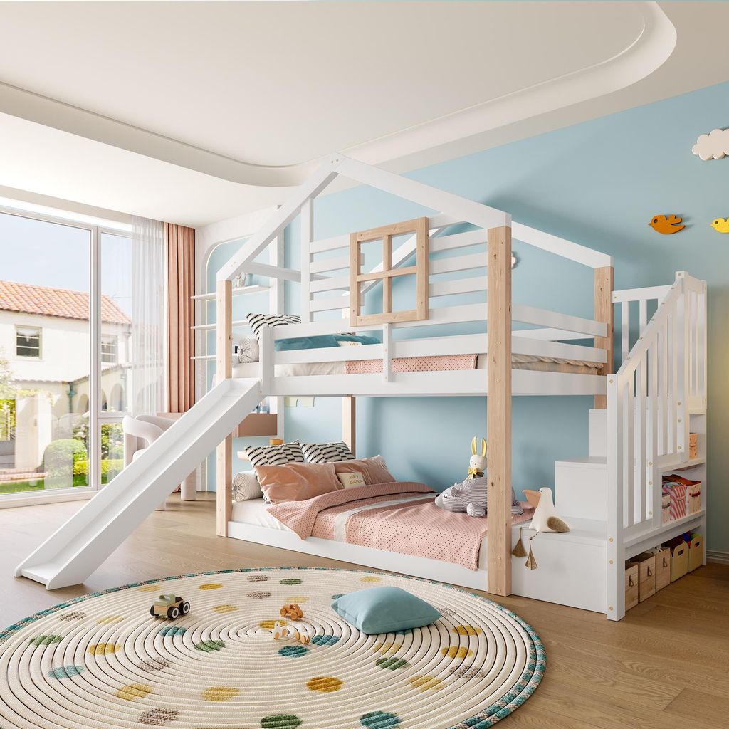 Kinder-Etagenbett mit Rutsche und Treppe im skandinavisches Stil, Massivholzkonstruktion, stabil & sicher, mit Geländer & Stauraum, platzsparend, ...