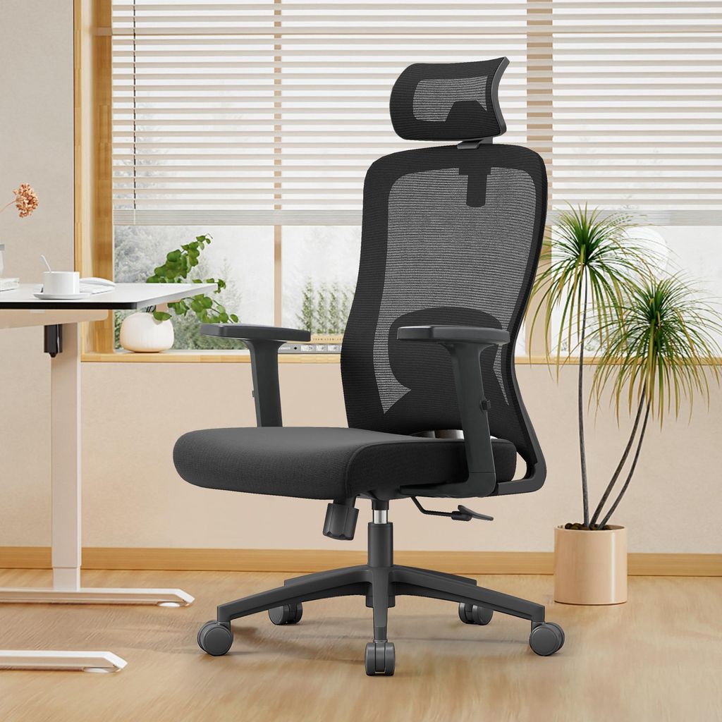 Bürostuhl Ergonomisch Schreibtischstuhl mit Lendenstütze und Wippfunktion, Atmungsaktiver Drehstuhl aus Mesh, bis 150 kg belastbar Schwarz