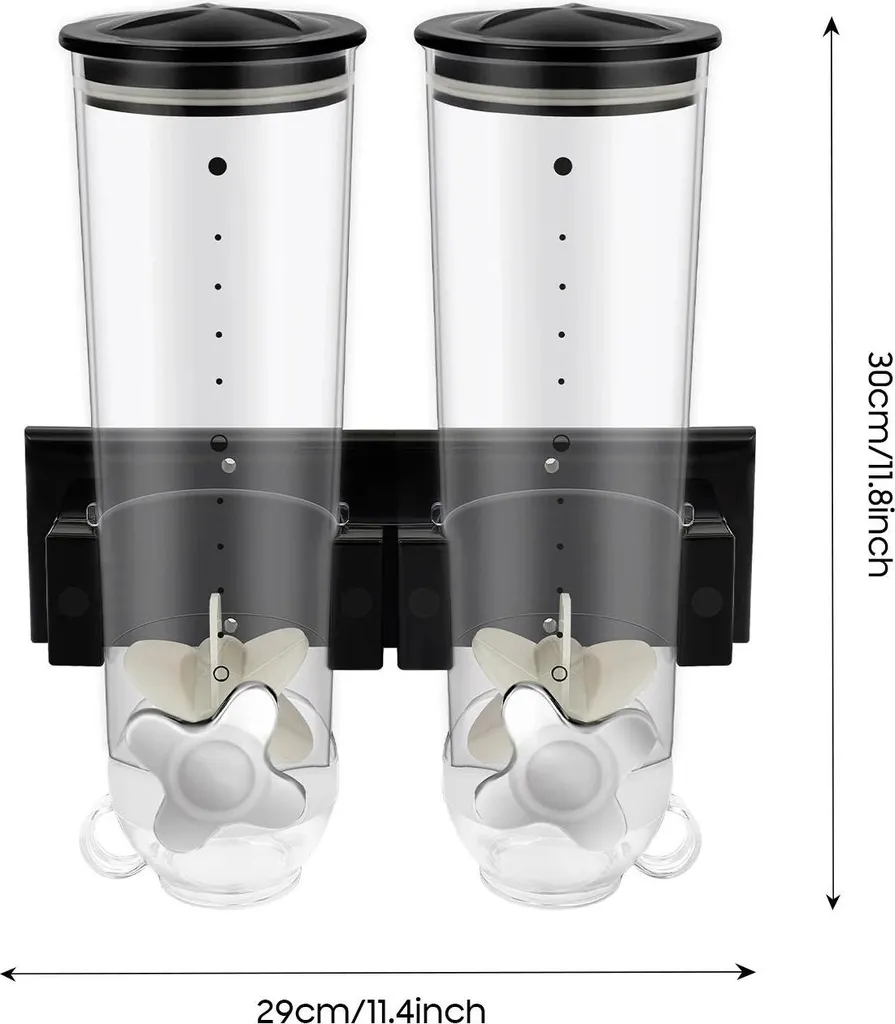 Double distributeur céréales mural 3L noir en ABS avec gobelet doseur