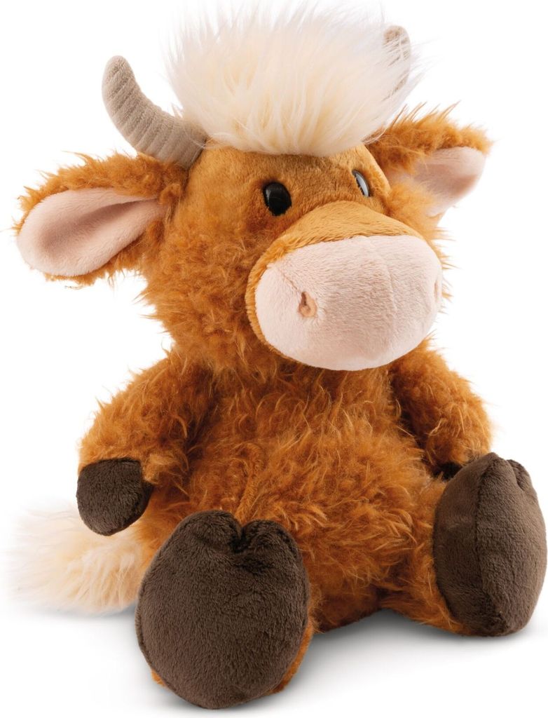 A plush toy Highland cow sitting against a white background.