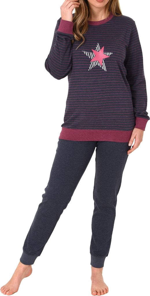 Kuscheliger Damen Pyjama mit Bündchen, Streifenoptik + Sternenmotiv - auch in Übergrössen ; marine , 36