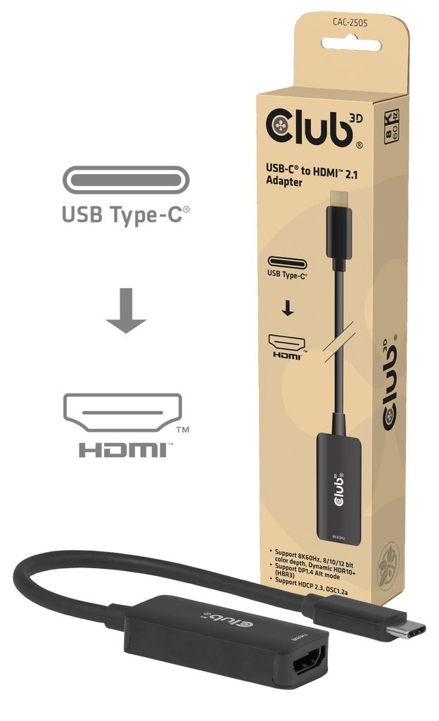 CLUB3D USB-C® zu HDMI™ 2.1 Adapter 8K60Hz, 0,12 m, USB Produktbild 