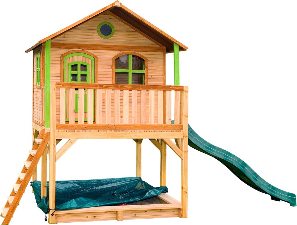 AXI Spielhaus Marc mit Sandkasten & grüner Rutsche | Stelzenhaus in Braun & Grün aus Holz für Kinder | Spielturm mit Wellenrutsche für den Garten