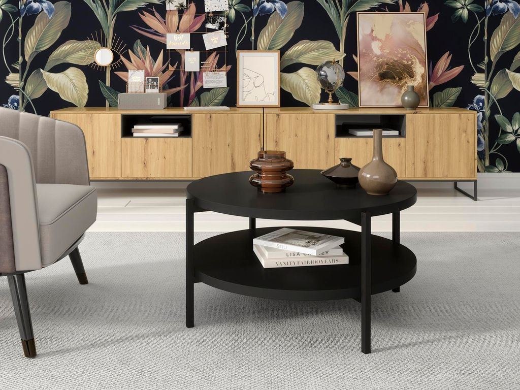 Couchtisch SIGMA B, Tisch mit zwei Tischplatten, runder Kaffeetisch mit Metallgestell (Farbe: Schwarz)