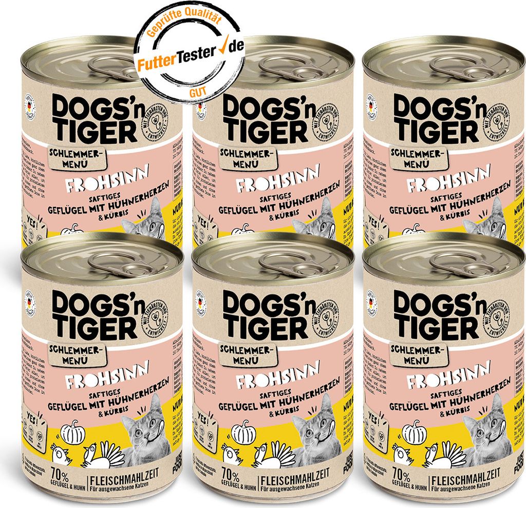 Dogs’n Tiger Adult, Katzenfutter, Frohsinn, Katzen Nassfutter, Getreidefrei, Geflügel & Kürbis, 6x400g