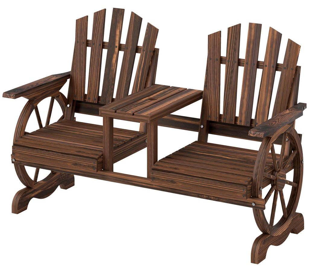 2-Sitzer Gartenbank Holz, wetterfest Sitzbank, mit Schirmloch, Beine im Wagenradform 154 x 65 x 102 cm Verkohlt