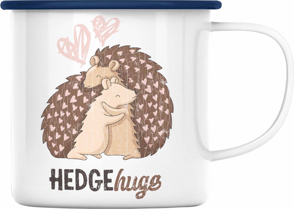 Trendation - Valentinstag Emaille Tasse Geschenk für Ihn Sie Lustig Hedgehugs Geschenkidee Becher Freund Freundin Liebe Paare (Blau)