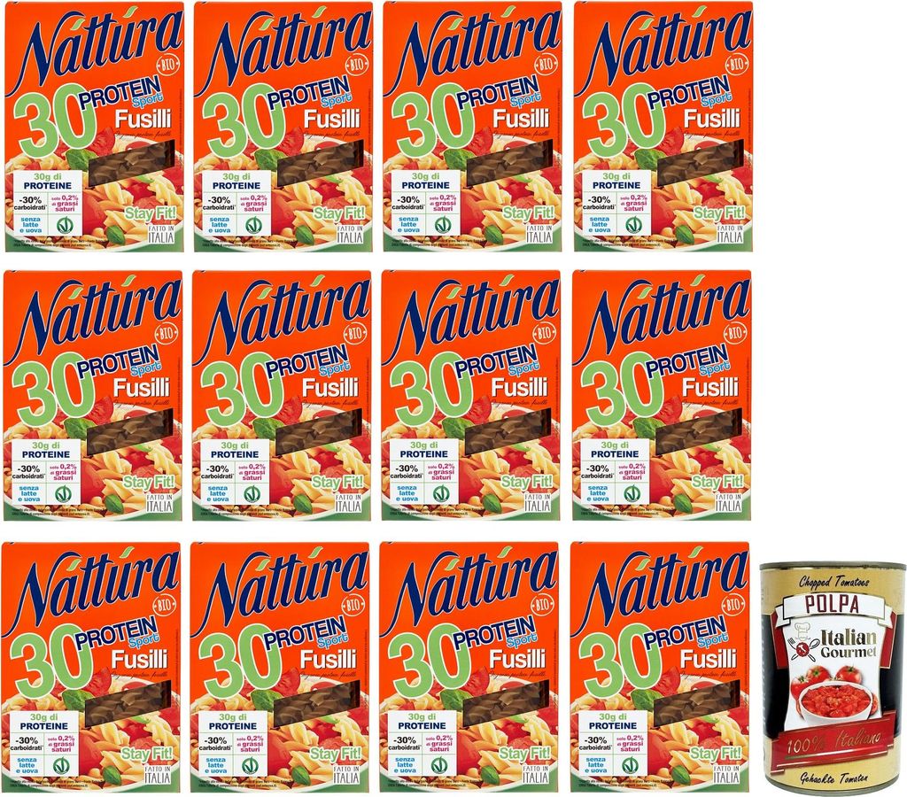 12x Náttúra Protein Sport Pasta Fusilli aus Biologischem Anbau,reich an Proteinen,Packung mit 250g + Italian Gourmet Polpa di Pomodoro 400g Dose