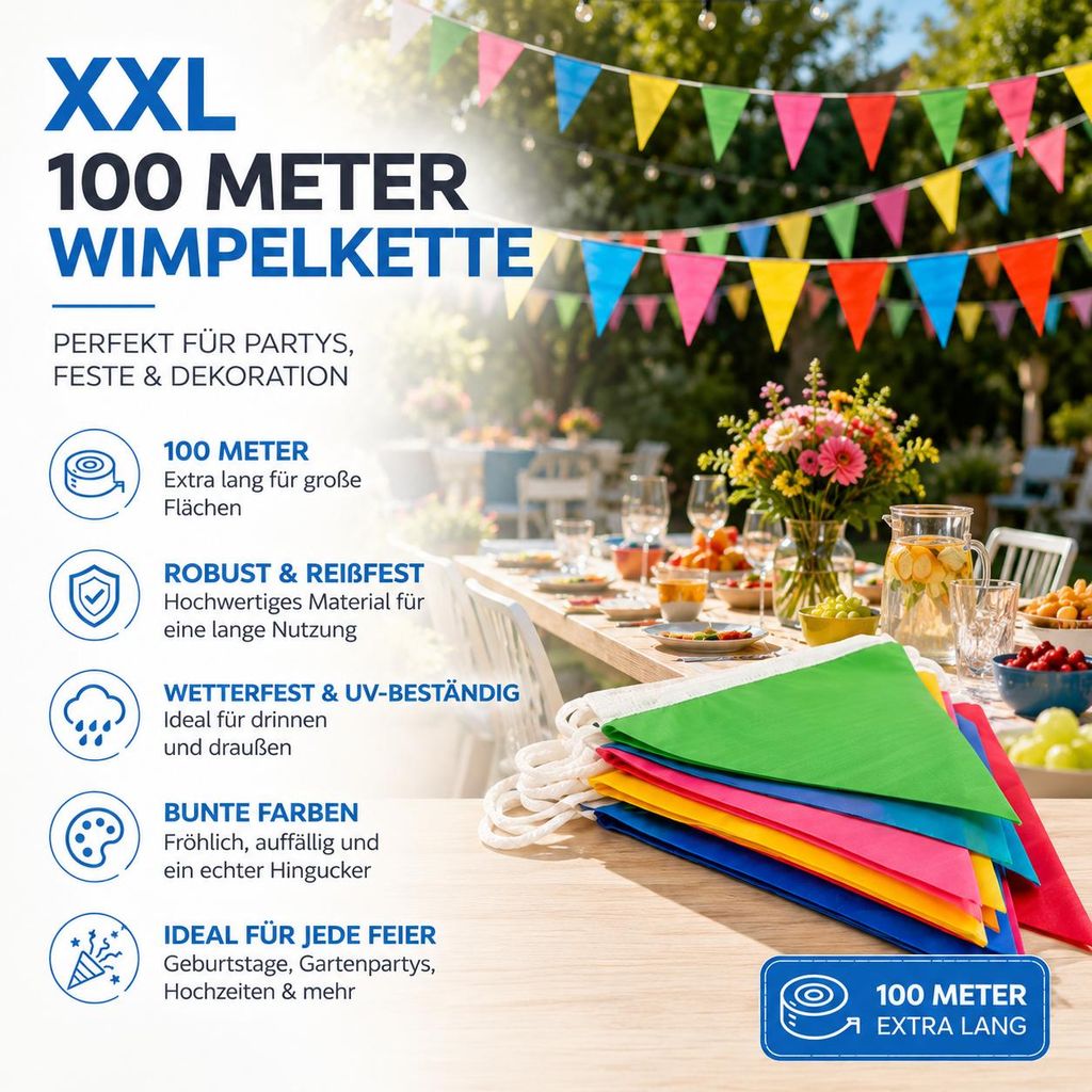 1x Wimpelkette Stoff 100 Meter bunt Girlande zum Aufhängen