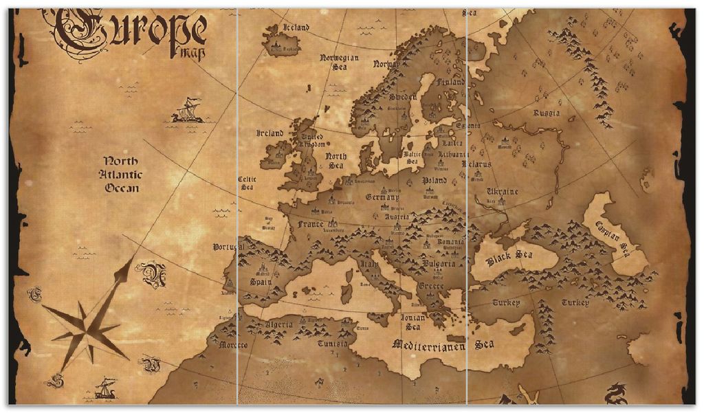 Wallario Herdabdeckplatte aus Glas, Größe 90 x 52 cm 3-teilig, Motiv Alte Weltkarte Karte von Europa in englisch