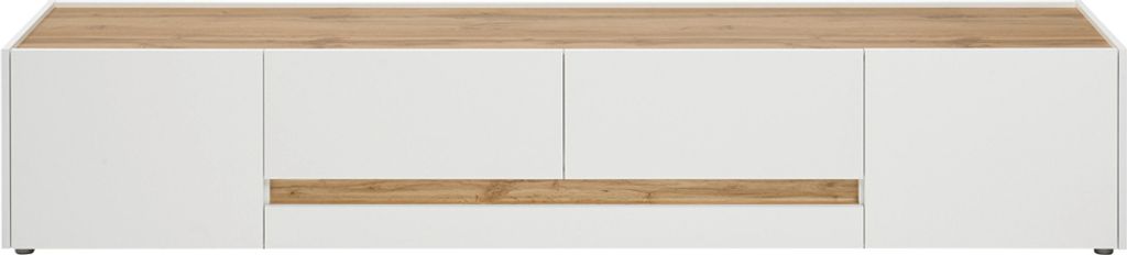 Wohnzimmer TV Schrank CRISP-61 in weiß mit Absetzungen in Wotan Eiche Nb., B/H/T: ca. 220/40/45 cm