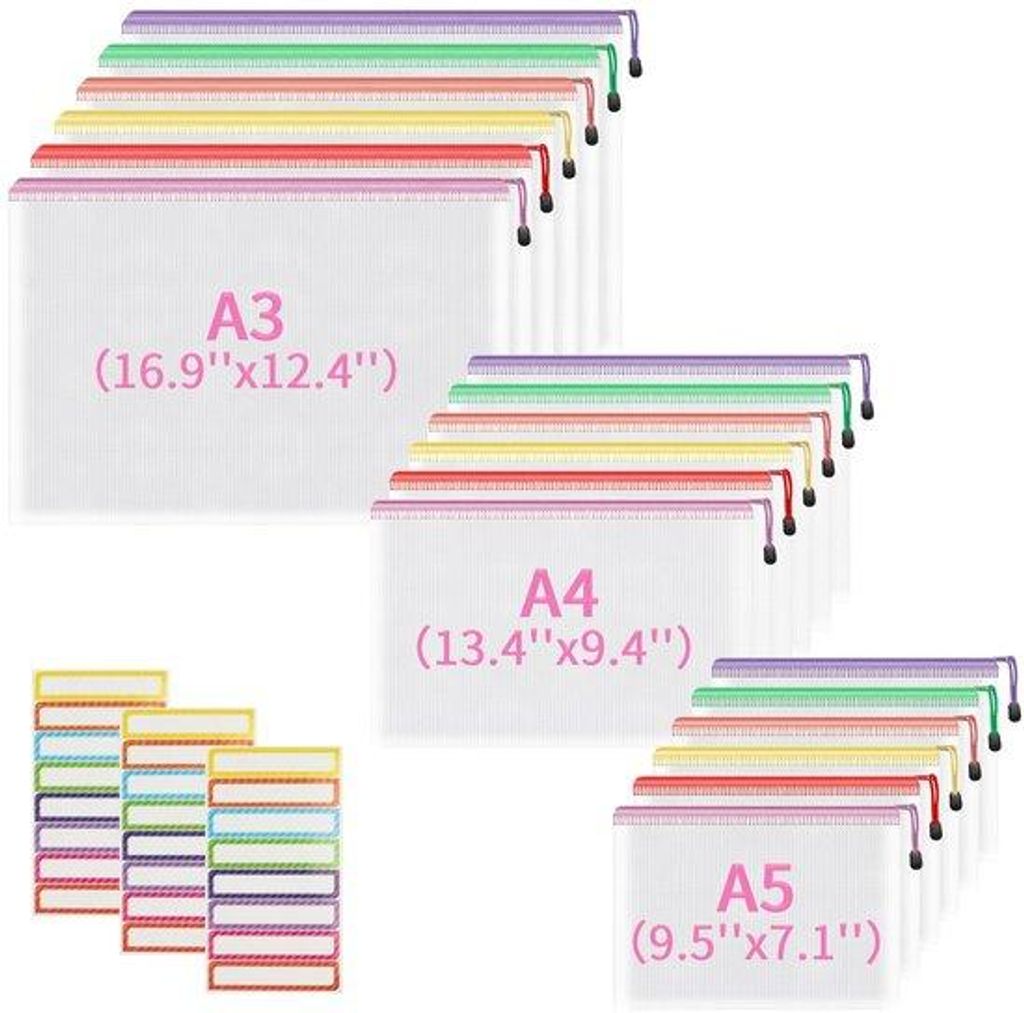Dokumententas A3+A4+A5, 18 stuks, 3 maten, waterdichte mesh plastic tas, 6 Farben, für Schule, Büro, Reisen
