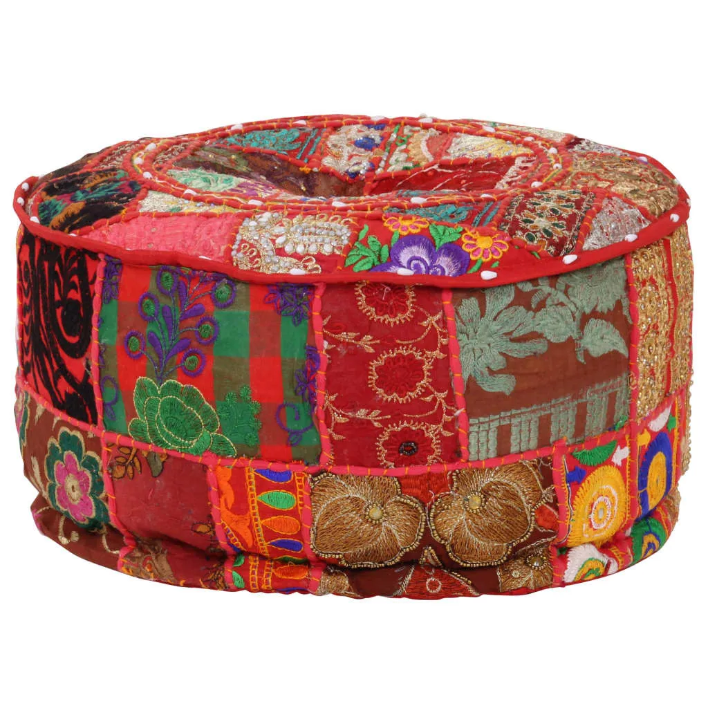 Pouf Artisanal Rouge en Coton Patchwork - Design Rond Compact 40x20 cm - 5