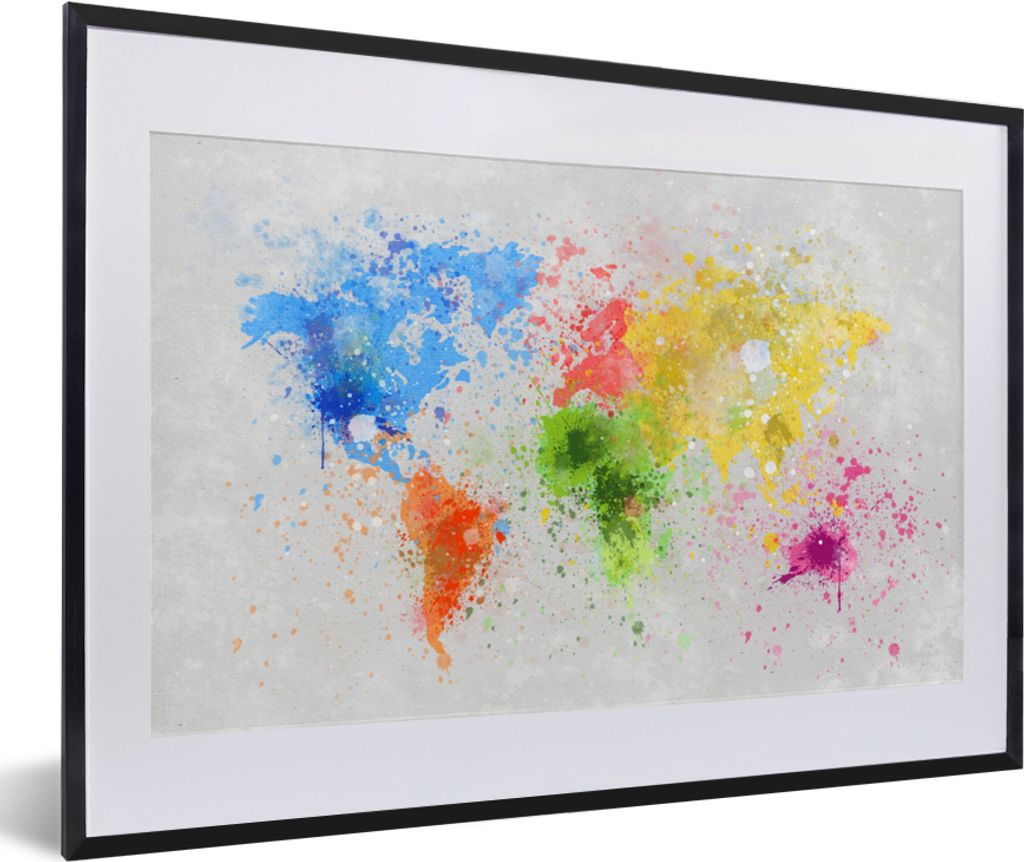 MuchoWow Gerahmtes Poster Weltkarte - Abstrakt - Malen - Kinder - Jungen - Mädchen 60x40 cm - Poster mit Schwarzem Bilderrahmen Wandposter Rahme...