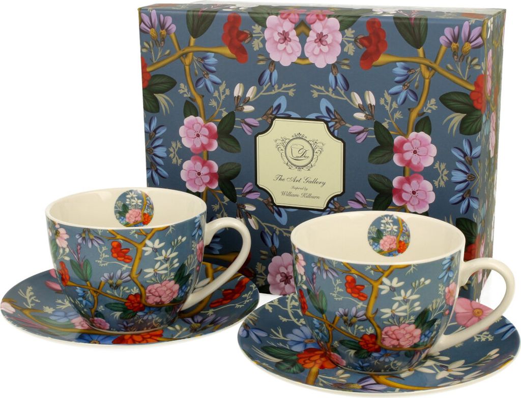 DUO ART GALLERY 2er-Set Tassen 280 ml BLUE mit Untertassen, New Bone China Porzellan