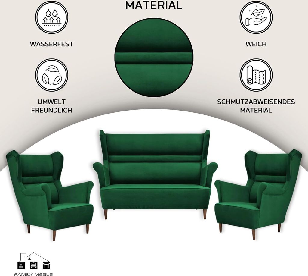 Family Meble Set aus Sofa + 2 Sessel Zoja 2-Sitzer Sofa Couch Zierpolsterung Freistehendes Lounge Sofa Bequem zum Entspannen Wohnzimmer Büro (R 33)