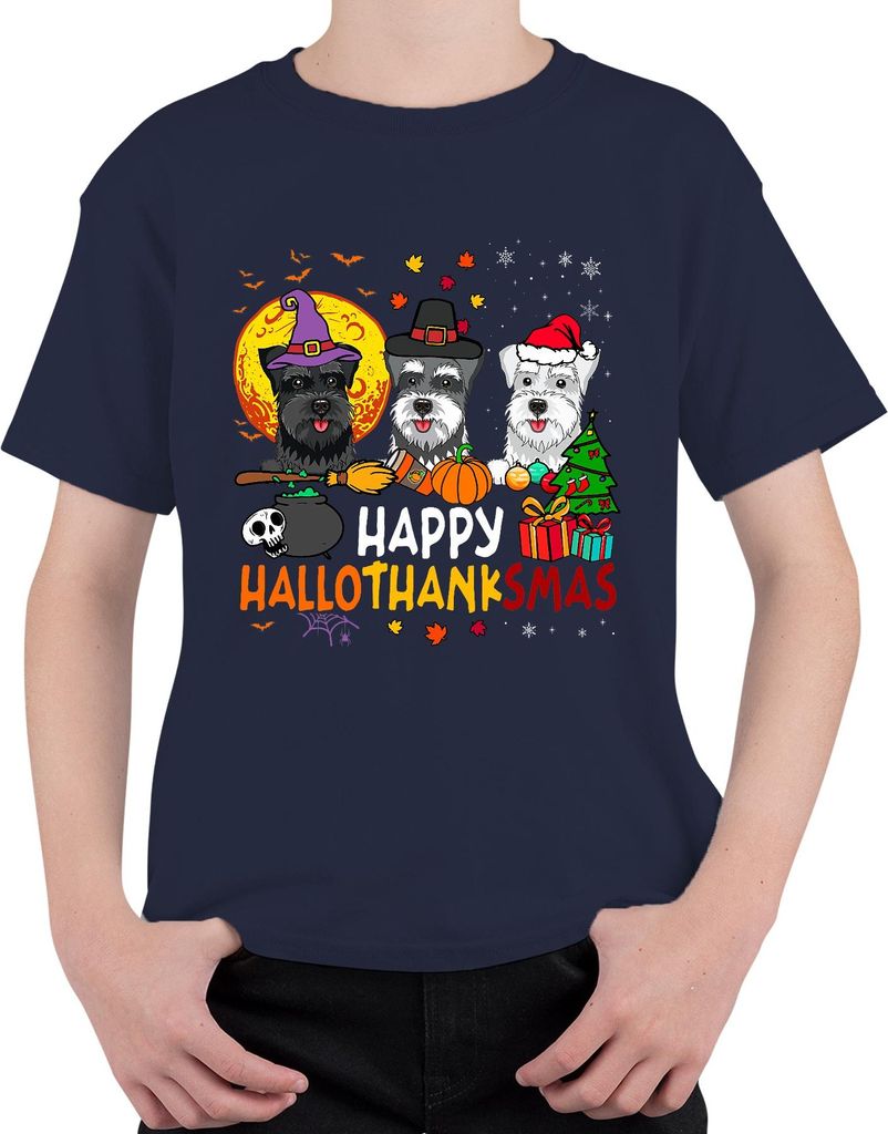 Happy Hallothanksmas Schnauzer Halloween Thanksgiving Weihnachten Uni Kinder T-Shirt, Navy, 152