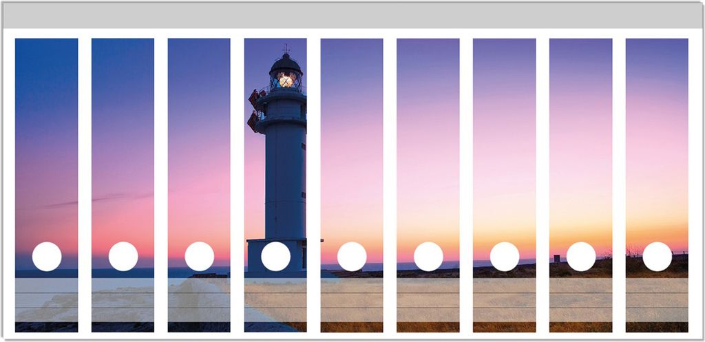 Wallario Ordnerrücken Sticker, selbstklebend für breite Ordner, 9 Stück, Motiv Leuchtturm am Abend auf den Balearen Malerischer Himmel