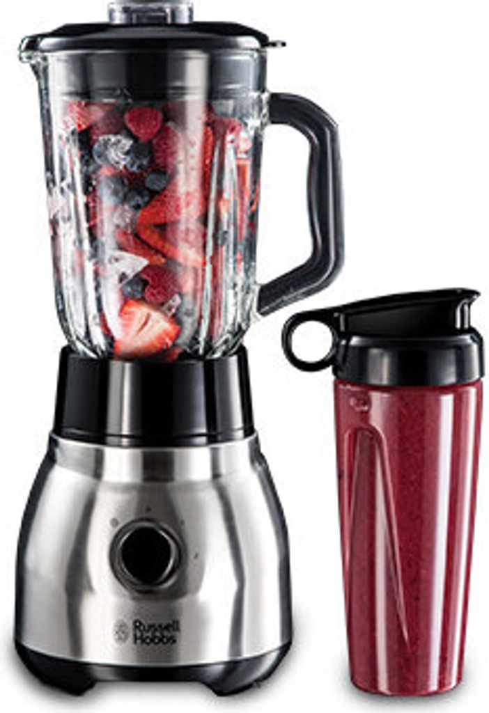 A Russell Hobbs blender with a glass jug filled with berries and a separate to-go cup filled with a red smoothie, set against a white background.