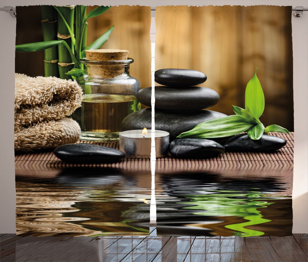 ABAKUHAUS Spa Rustikaler Vorhang, Massage-Steine, Wohnzimmer Universalband Gardinen mit Schlaufen und Haken, 280 x 175 cm, Schwarz Braun und Weiß