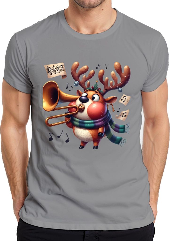 Weihnachtsrentier Posaune Notenblatt lustig niedlich Geschenk Herren T-Shirt, Grau, 3XL