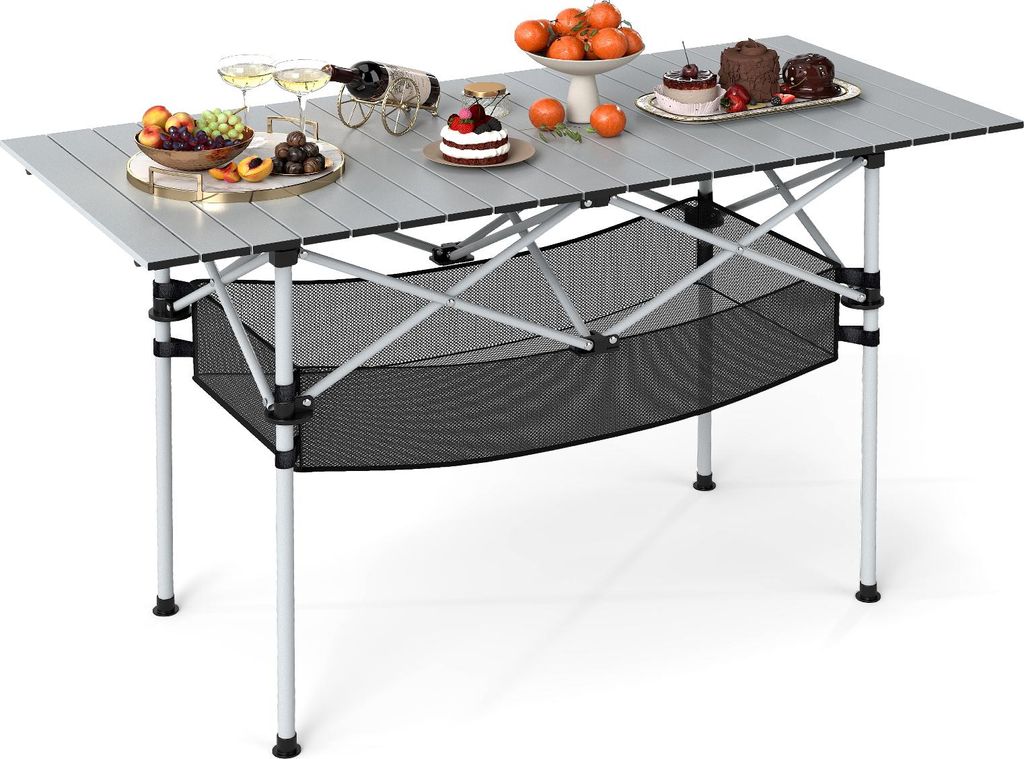 COSTWAY Campingtisch klappbar, Klapptisch mit aufrollbarer Alu-Tischplatte, Netzkorb & Tragetasche, Falttisch bis 100 kg, 119x55x69cm Silber