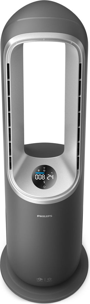 A modern gray tower fan shown from the front.