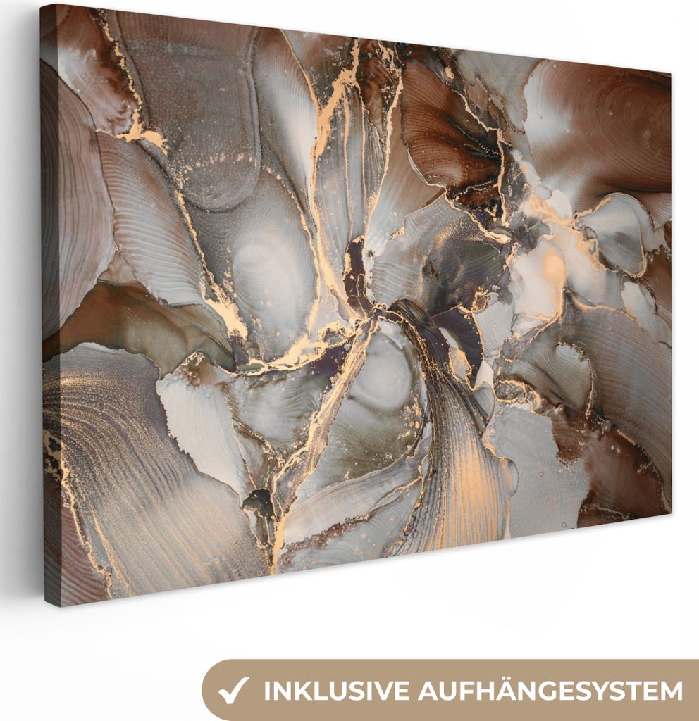 MuchoWow - Leinwandbilder - Grau - Gold - Marmor - Marmoroptik, Wandbild, Wanddeko Bilder Wohnzimmer, 90x60 cm