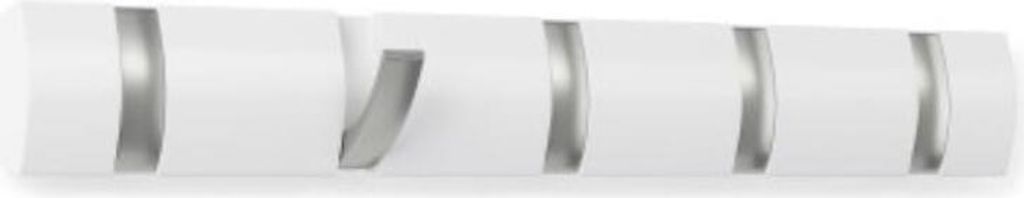 A white wall-mounted coat rack with five silver hooks.