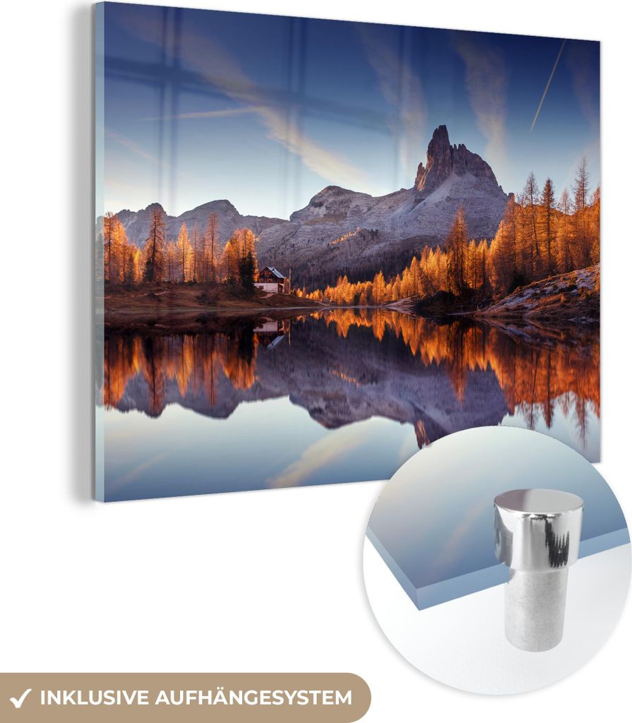 MuchoWow Glasbilder - Bilder auf Wandbild - Foto auf Glas Berge - Bäume - Herbst - See - Natur 40x30 cm Wanddekoration aus Glas - Acrylglasbild - ...
