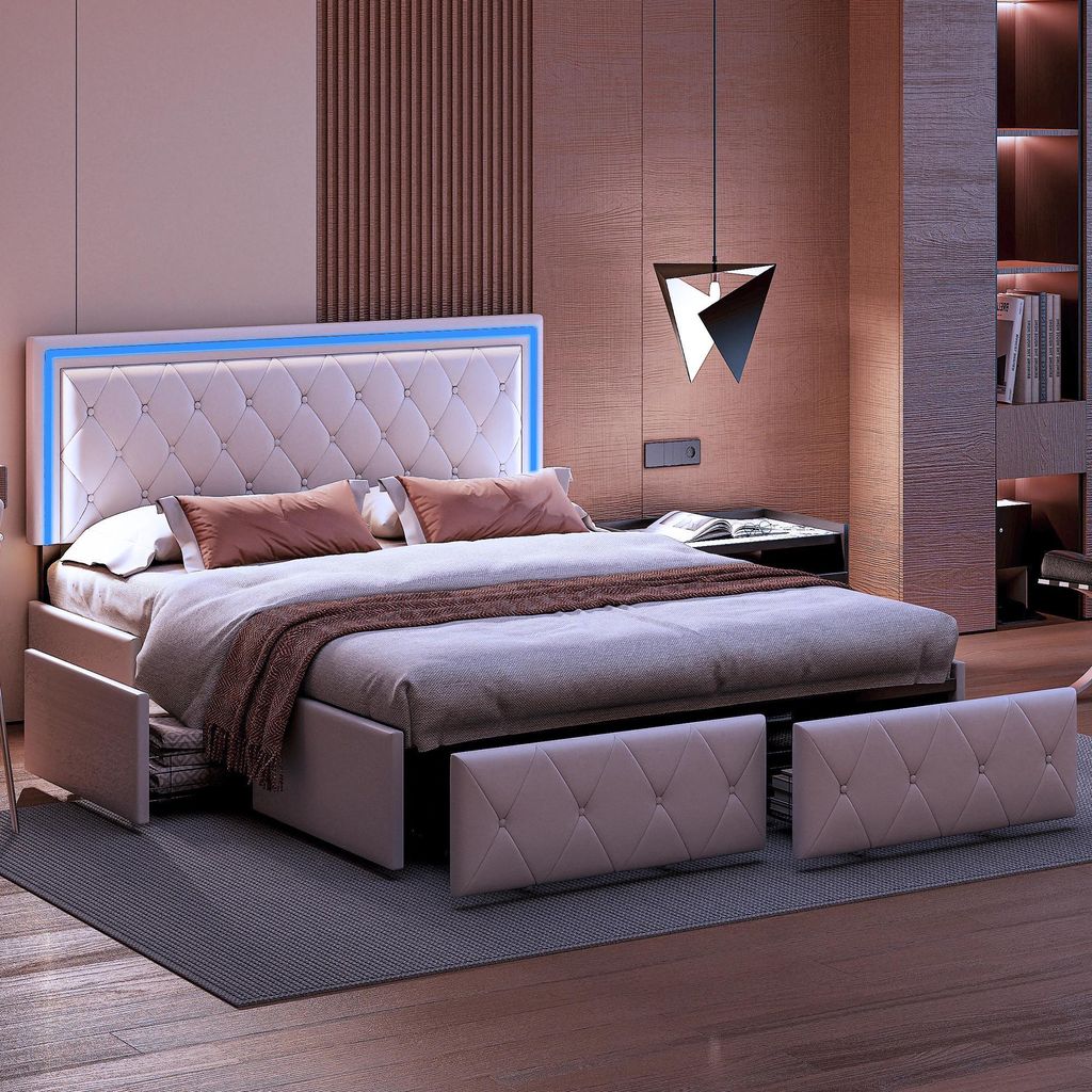 Doppelbett - Bettgestell - Maße 160x200 cm - Mit Schubladen - Kunstleder-Polsterung - Metallrahmen - Ohne Matratze - Beige