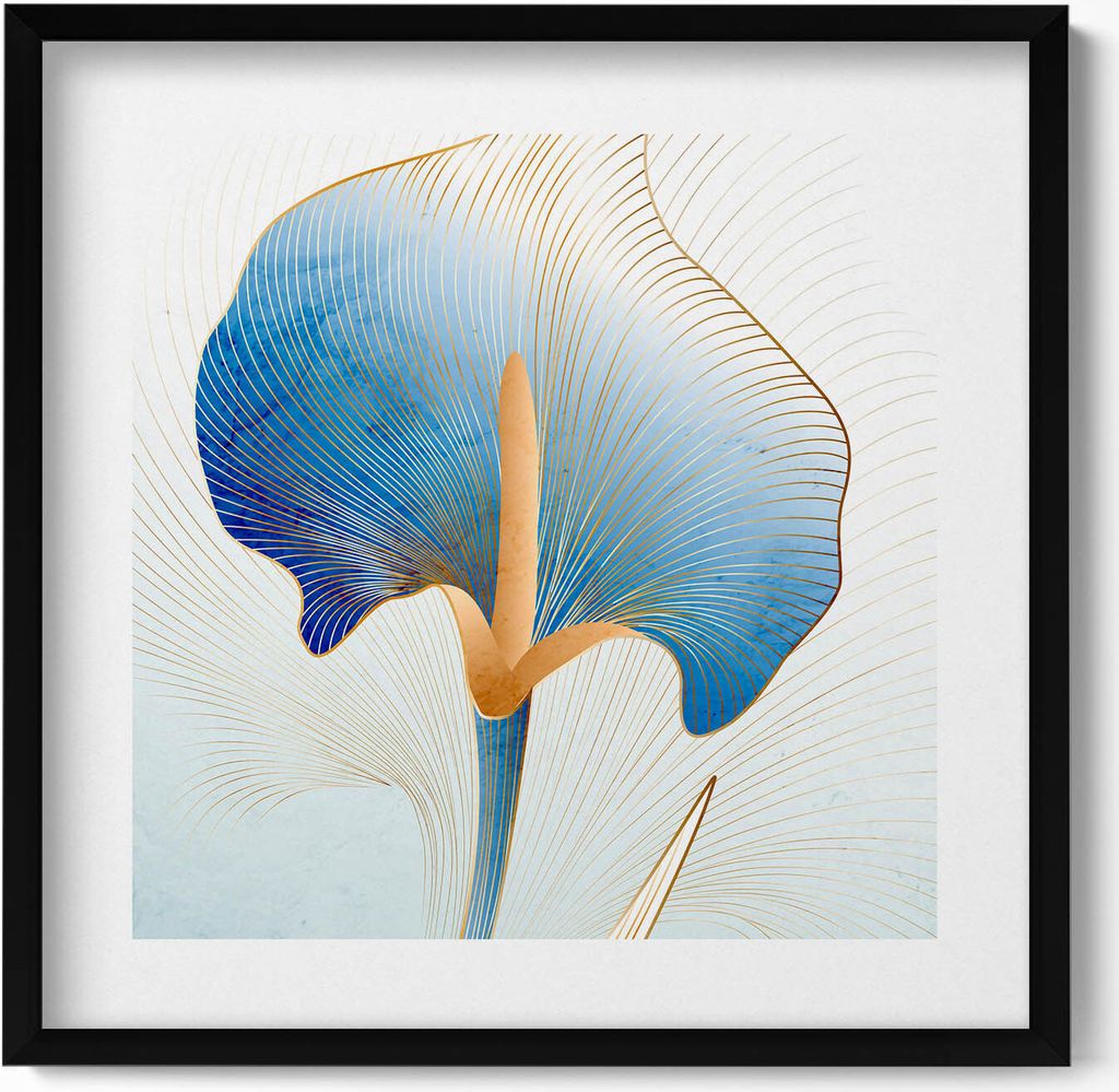 Illustration von Blumen mit Gold– Wandbild mit Rahmen – Gerahmtes Bild – Wanddekoration – 50x50 cm – Schwarz Rahmen