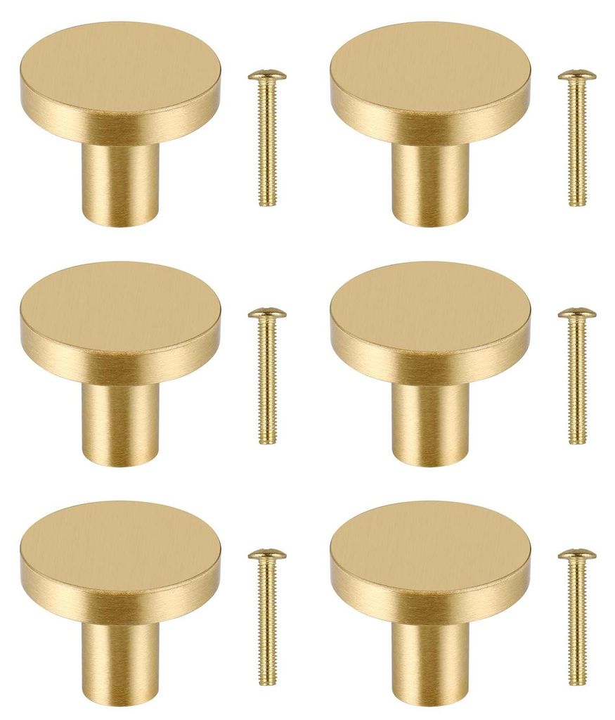 6 massive Messing-Schrankknöpfe, runde Vintage-Schubladenknöpfe mit Schrauben, goldfarbene Messing-Schubladenknöpfe für Küchenschränke, Kleid...