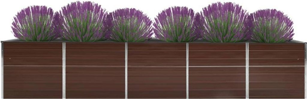 A planter box with purple plants.
