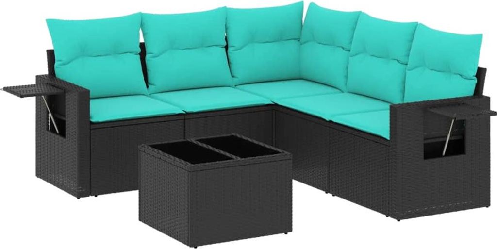 vidaXL 6-teiliges Gartensofa-Set mit Kissen, schwarzes Polyrattan