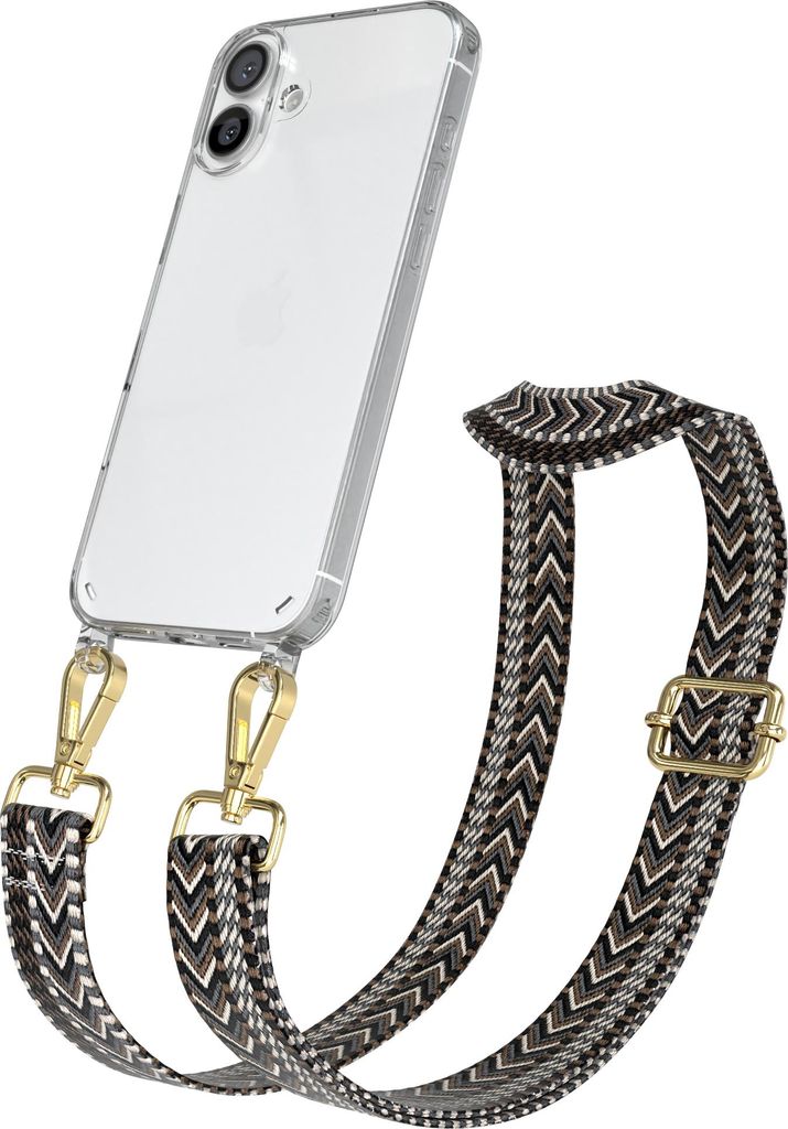 Apple iPhone 16 Plus Chain Eyelets Slim Neck Strap Set Zig Zag dark Gray - Black 15 Metall Gold