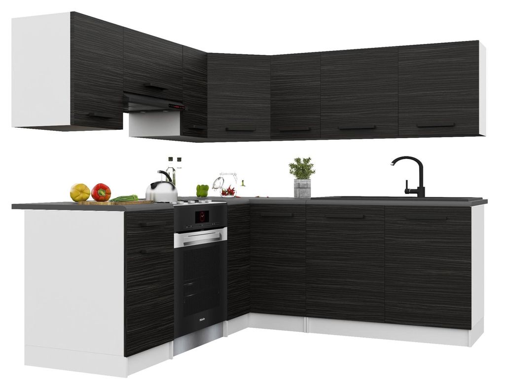 Belini Moderne Küchenzeile Küchenblock ITALIA 6 - Küchenmöbel 360cm Ebenholz - Einbauküche mit Hängeschränke, Unterschränke & Arbeitsplatten