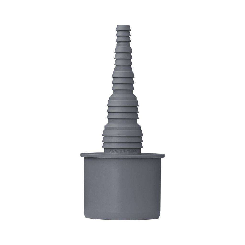 A gray plastic hose adapter with a stepped nipple on one end and a wider cylindrical base on the other, isolated on a white background.