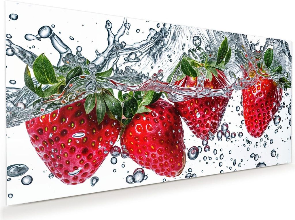 Glasbild 120x60cm in XXL für Wohnzimmer, Schlafzimmer Motiv Erdbeeren im Wasser