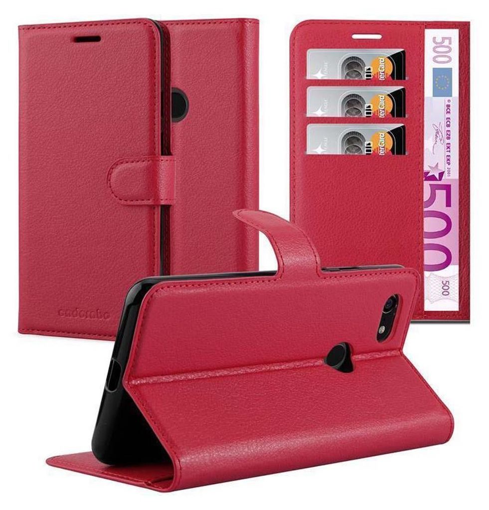 Multiple views of a red smartphone flip case, including one view showing credit cards and banknotes inside.