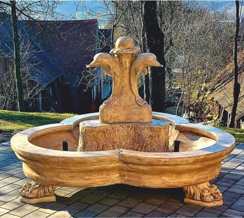Casa Padrino Barock Springbrunnen Delfine Beige Ø 185 x H. 130 cm - Prunkvoller Gartenbrunnen