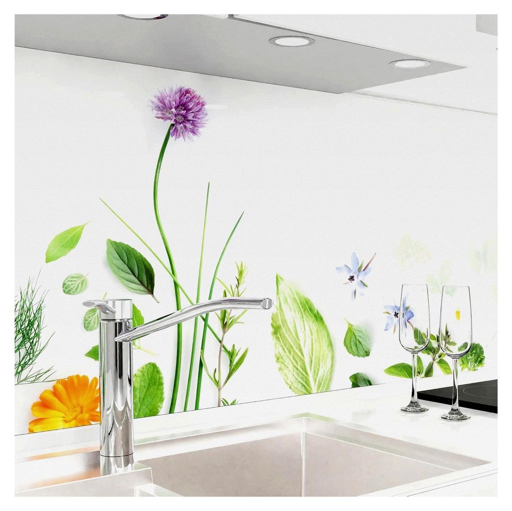 Selbstklebende Küchenrückwand - Glasoptik - Spritzschutz für die Küche - verstärkte PET-Folie - 0,8 mm - Blumen & Kräuter - 80 cm x 280 cm