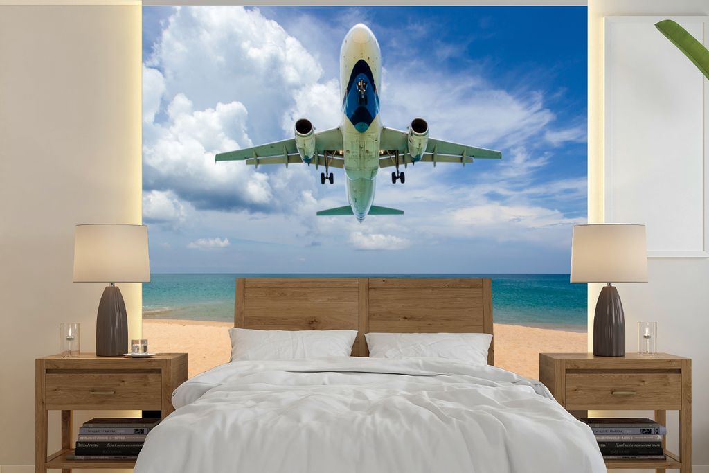MuchoWow Fototapete für Wohnzimmer oder Schlafzimmer Wandtapete Vinyl Motivtapete Strand - Meer - Flugzeuge - 350x350 cm - Schlafzimmertapete